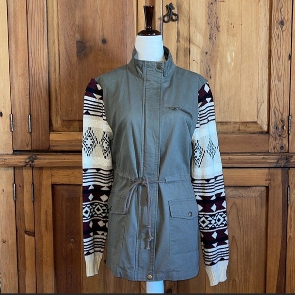 E&M Army Green Anorak fair isle sleeves Jacket Sz. MD - Picture 2 of 14